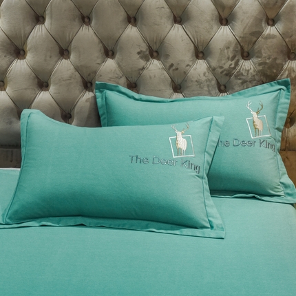 艾迪尚家纺 2025新款纯色生态磨毛绣花单枕套 麋鹿-水绿