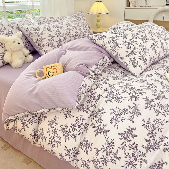 91家纺网 家纺一手货源 找家纺 暖芯优选2023新款超柔有氧小竺提花棉双层纱学生四件套 花枝晓