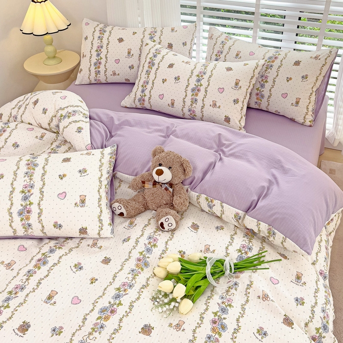 91家纺网 家纺一手货源 找家纺 暖芯优选2023新款超柔有氧小竺提花棉双层纱学生四件套 熊熊乐园