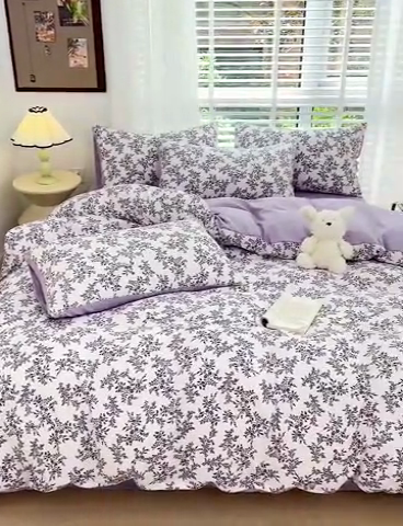 91家纺网 家纺一手货源 找家纺 暖芯优选2023新款超柔有氧小竺提花棉双层纱学生四件套 花枝晓