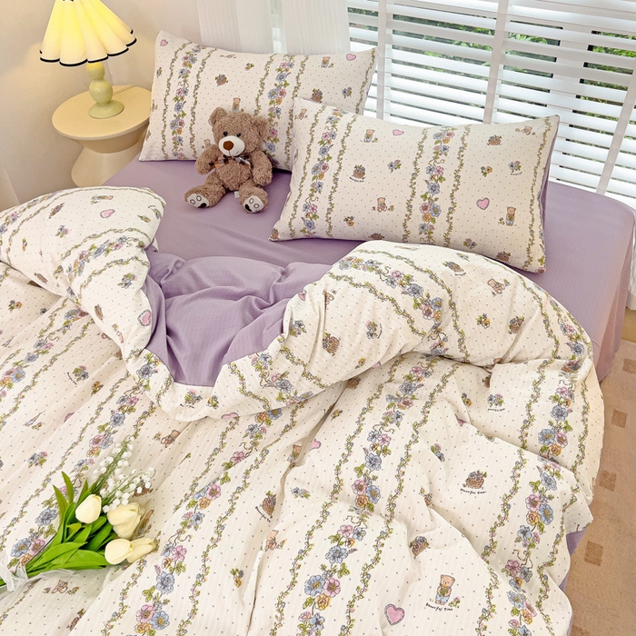 91家纺网 家纺一手货源 找家纺 暖芯优选2023新款超柔有氧小竺提花棉双层纱学生四件套 熊熊乐园