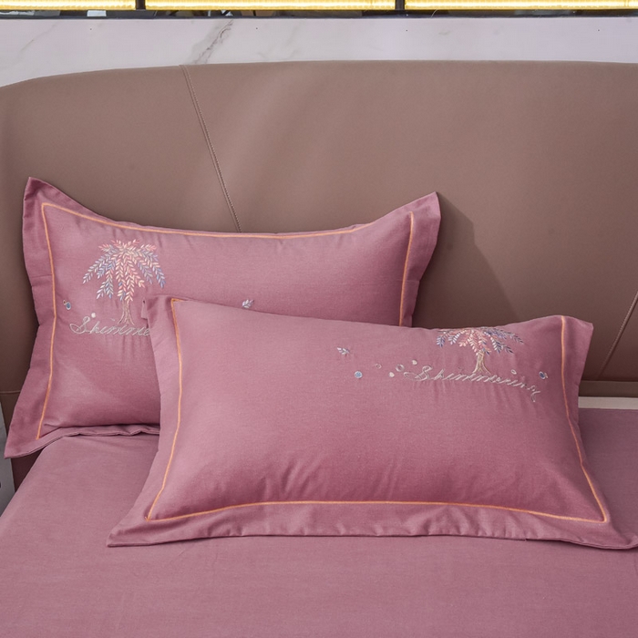 91家纺网 家纺一手货源 找家纺 艾迪尚家纺 2025新款纯色生态磨毛绣花单枕套 幸福树-豆沙