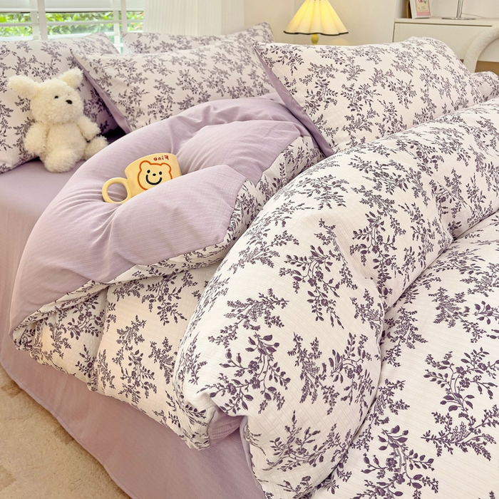91家纺网 家纺一手货源 找家纺 暖芯优选2023新款超柔有氧小竺提花棉双层纱学生四件套 花枝晓