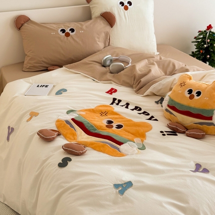 柠馨 2024新款卡通贴布绣加厚定织全棉水洗棉四件套 机灵汉堡（送抱枕）  