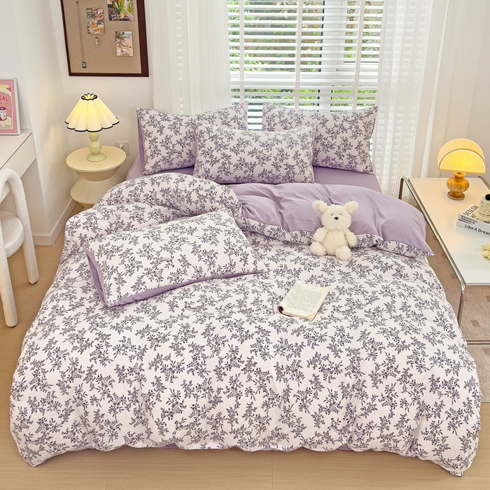 91家纺网 家纺一手货源 找家纺 暖芯优选2023新款超柔有氧小竺提花棉双层纱学生四件套 花枝晓