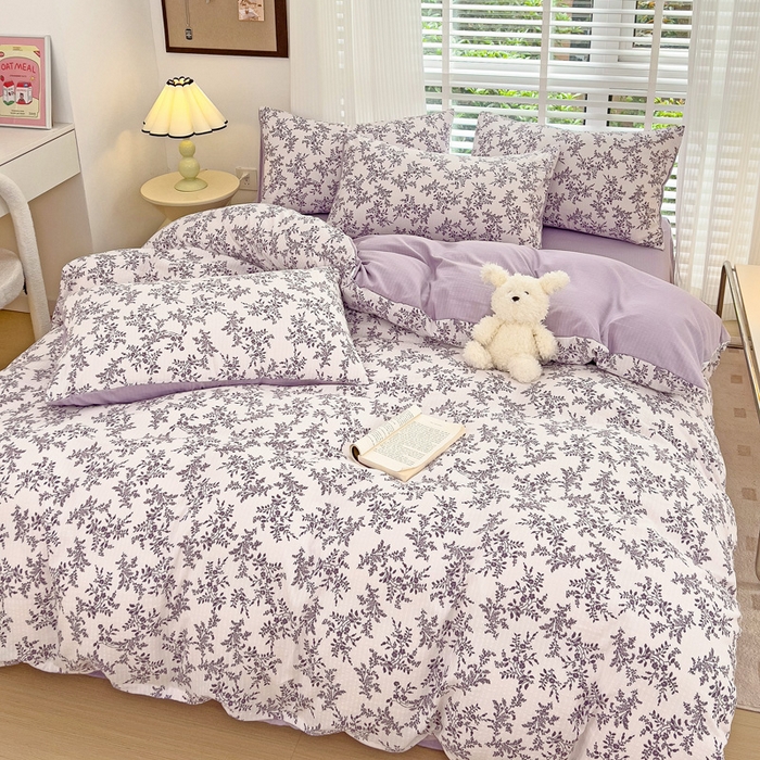 91家纺网 家纺一手货源 找家纺 暖芯优选2023新款超柔有氧小竺提花棉双层纱学生四件套 花枝晓