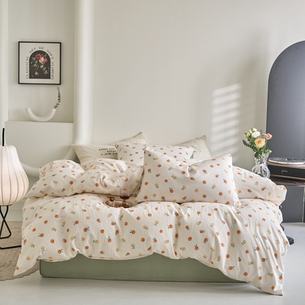 91家纺网 家纺一手货源 找家纺 觅糖家纺 2024新款双层纱小碎花印花四件套 暖橙