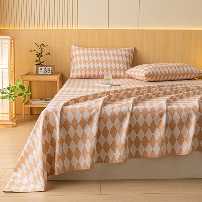 91家纺网 家纺一手货源 找家纺 鑫钰 2024新款全棉老粗布床单  菱格-咖