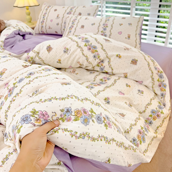 91家纺网 家纺一手货源 找家纺 暖芯优选2023新款超柔有氧小竺提花棉双层纱学生四件套 熊熊乐园