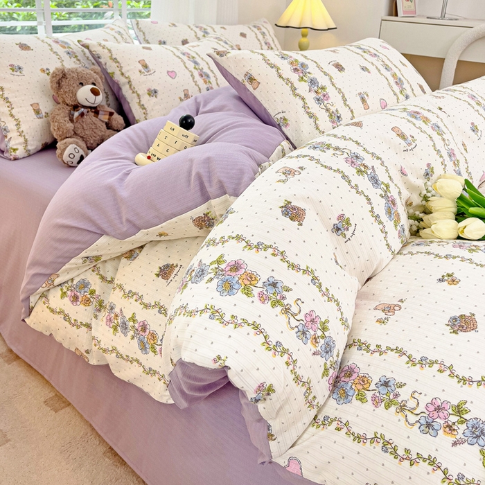 91家纺网 家纺一手货源 找家纺 暖芯优选2023新款超柔有氧小竺提花棉双层纱学生四件套 熊熊乐园