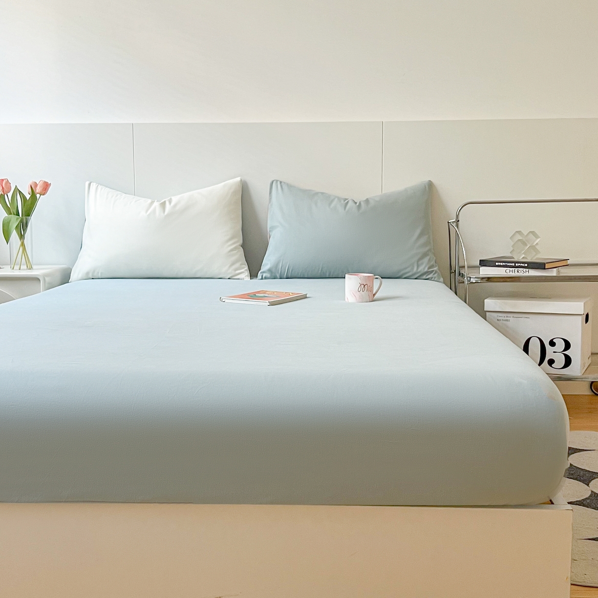 91家纺网 家纺一手货源 找家纺 米粒家纺 2024新款纯色磨毛床笠 天蓝