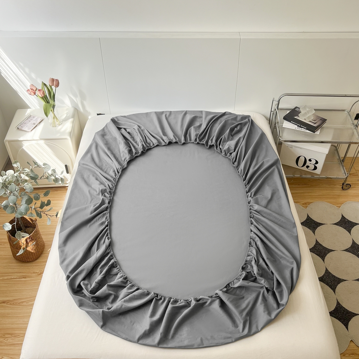 91家纺网 家纺一手货源 找家纺 米粒家纺 2024新款纯色磨毛床笠 岩石灰