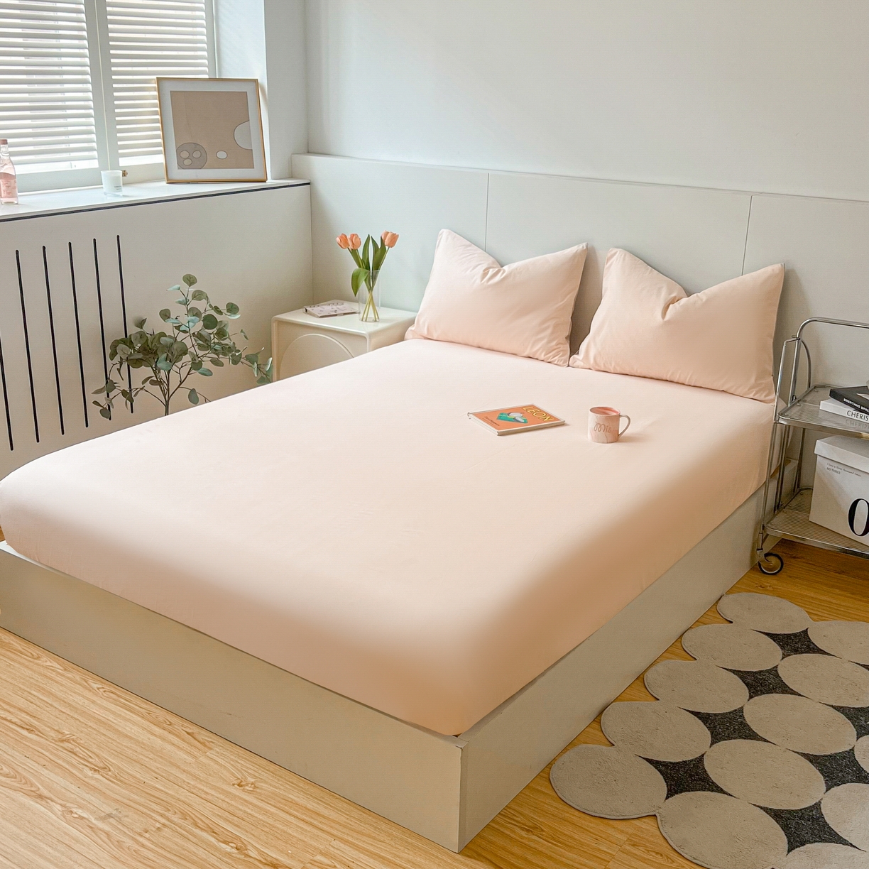 91家纺网 家纺一手货源 找家纺 米粒家纺 2024新款纯色磨毛床笠 粉雨