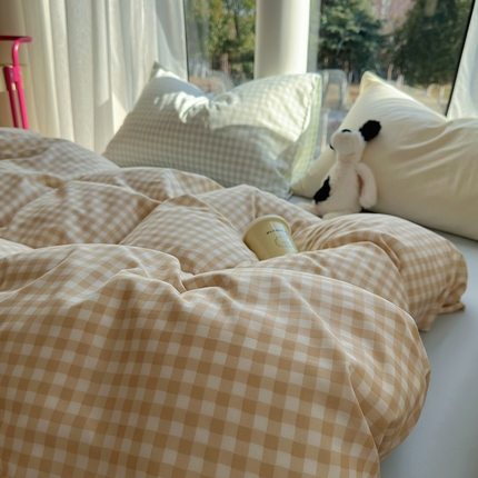 91家纺网 家纺一手货源 找家纺 （总）阿曼达 2024新品韩系ins博主奶油风少女心格子纯色混搭简约软糯糯水洗m四件套