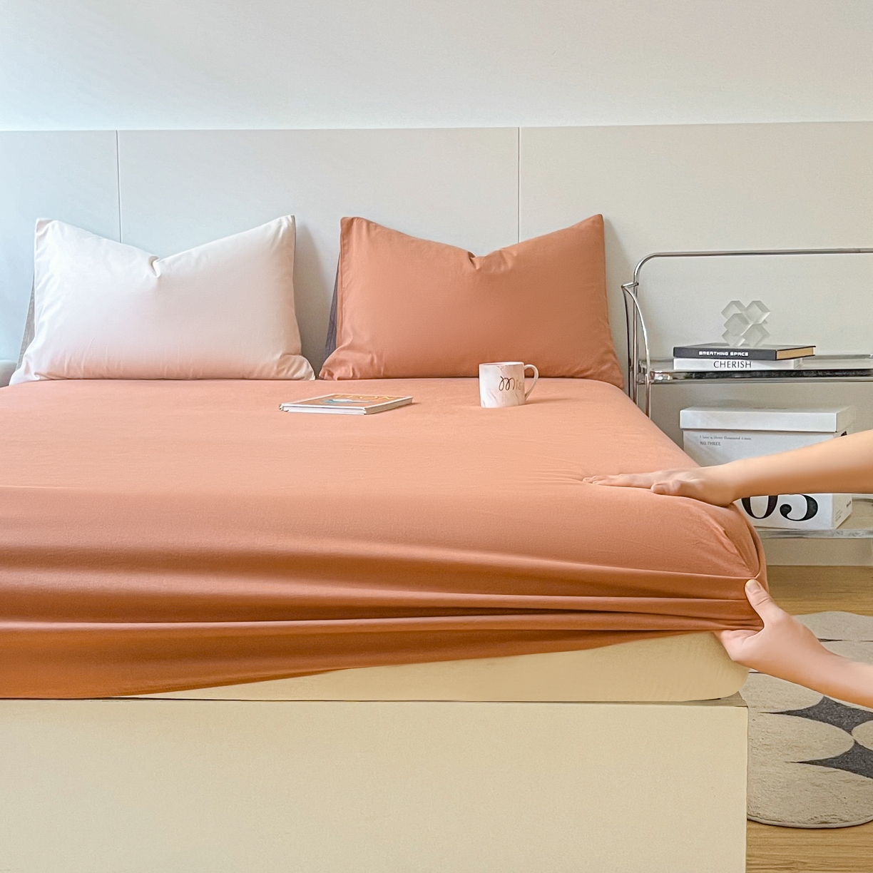 91家纺网 家纺一手货源 找家纺 米粒家纺 2024新款纯色磨毛床笠 甜曲奇