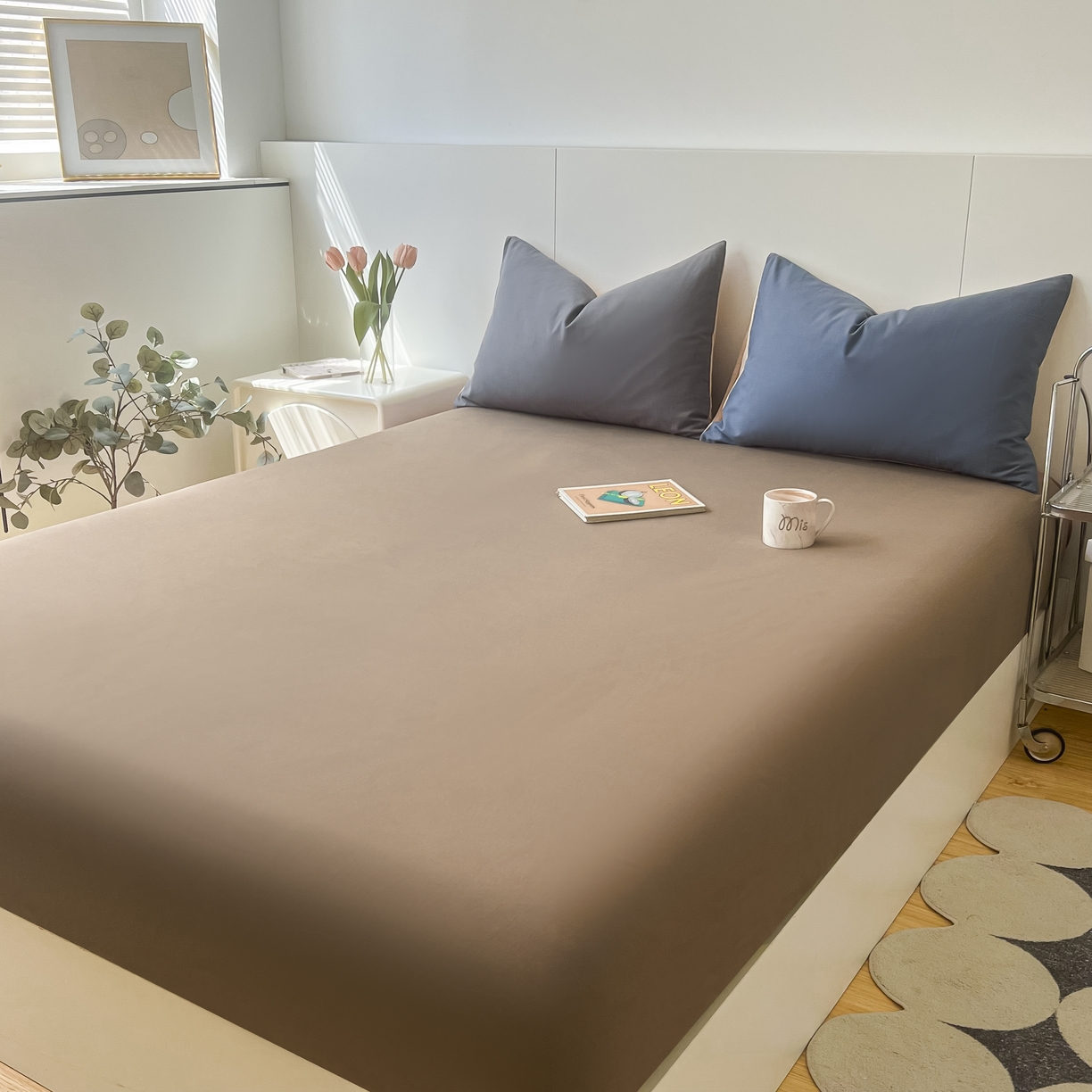 91家纺网 家纺一手货源 找家纺 米粒家纺 2024新款纯色磨毛床笠 奶咖