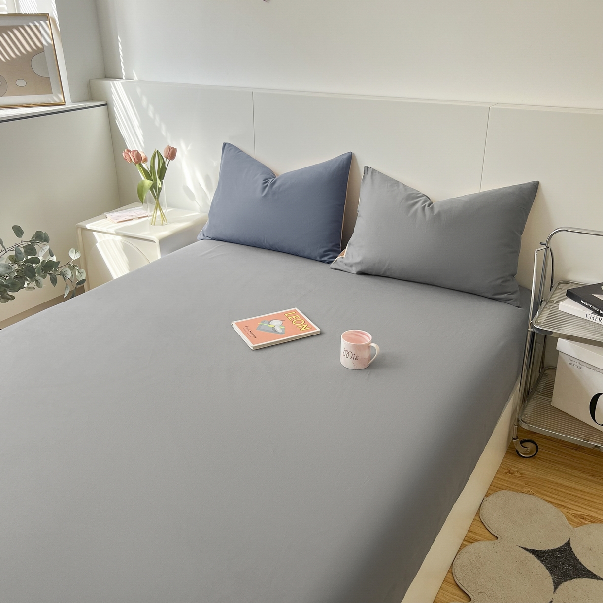 91家纺网 家纺一手货源 找家纺 米粒家纺 2024新款纯色磨毛床笠 岩石灰