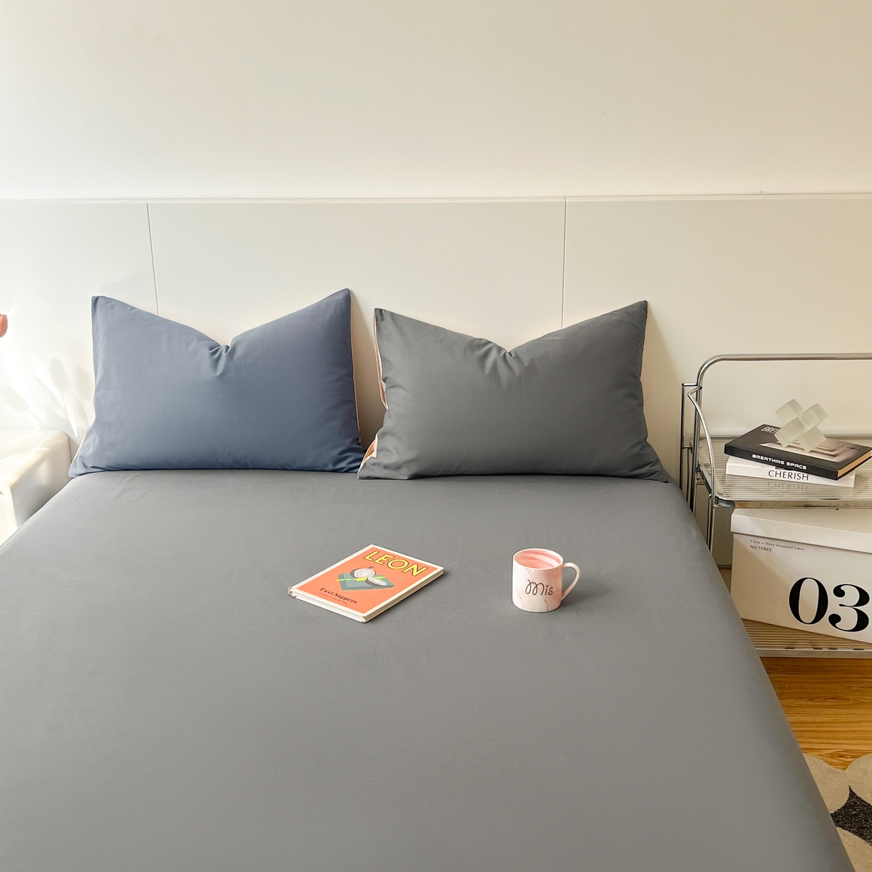 91家纺网 家纺一手货源 找家纺 米粒家纺 2024新款纯色磨毛床笠 岩石灰