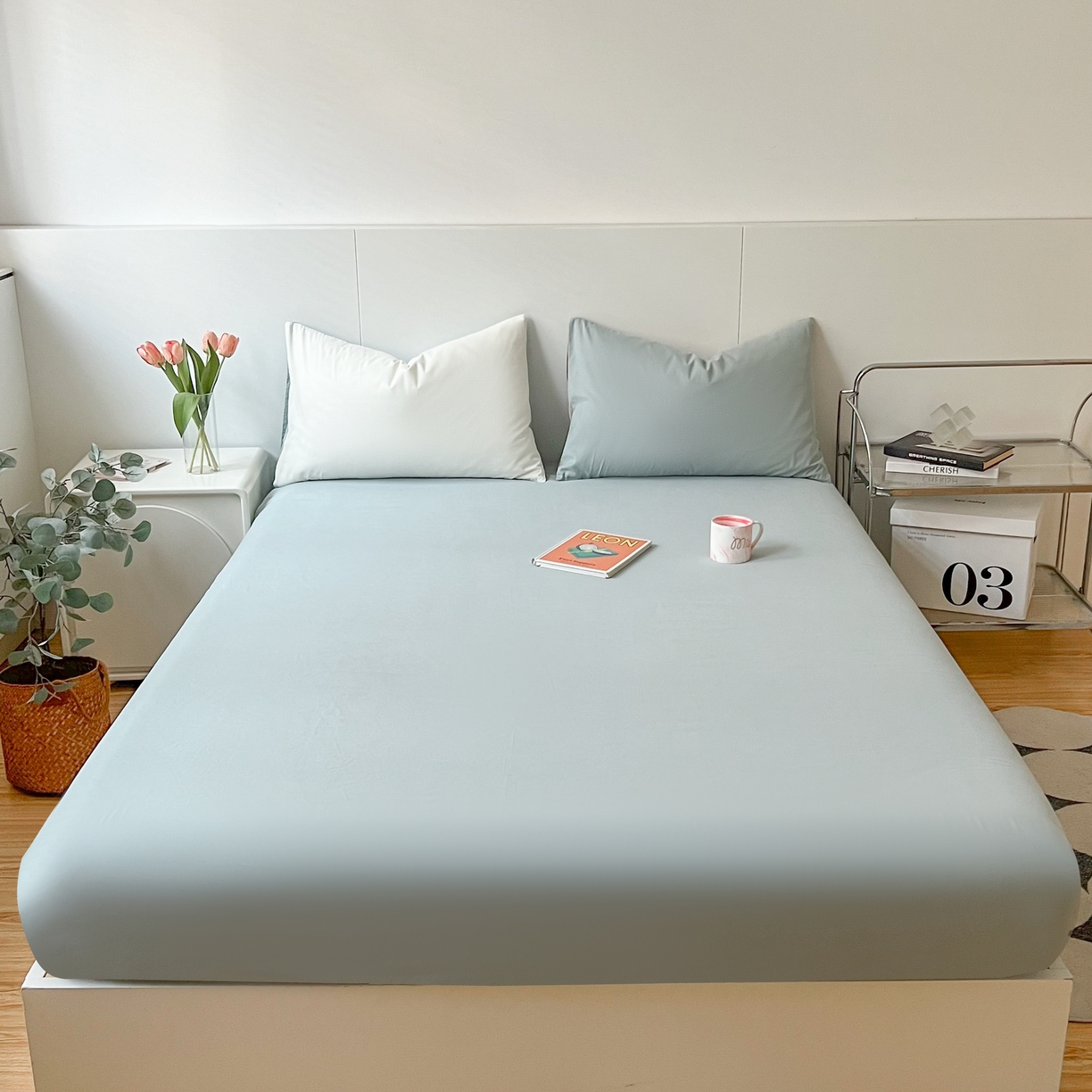 91家纺网 家纺一手货源 找家纺 米粒家纺 2024新款纯色磨毛床笠 天蓝