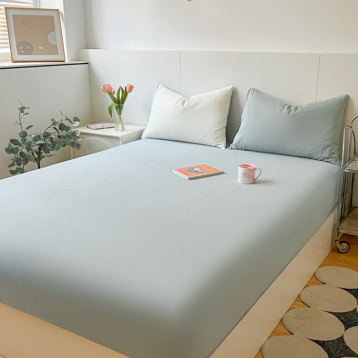 91家纺网 家纺一手货源 找家纺 米粒家纺 2024新款纯色磨毛床笠 天蓝