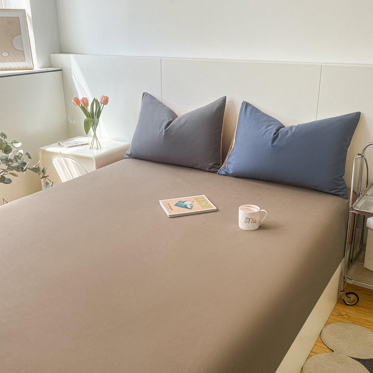 91家纺网 家纺一手货源 找家纺 米粒家纺 2024新款纯色磨毛床笠 奶咖