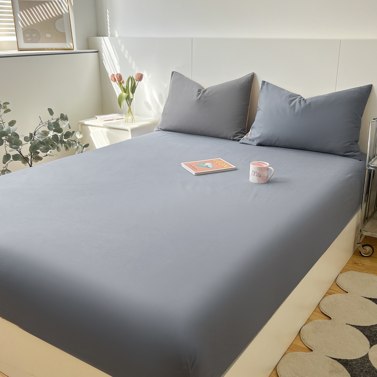 91家纺网 家纺一手货源 找家纺 米粒家纺 2024新款纯色磨毛床笠 晴空