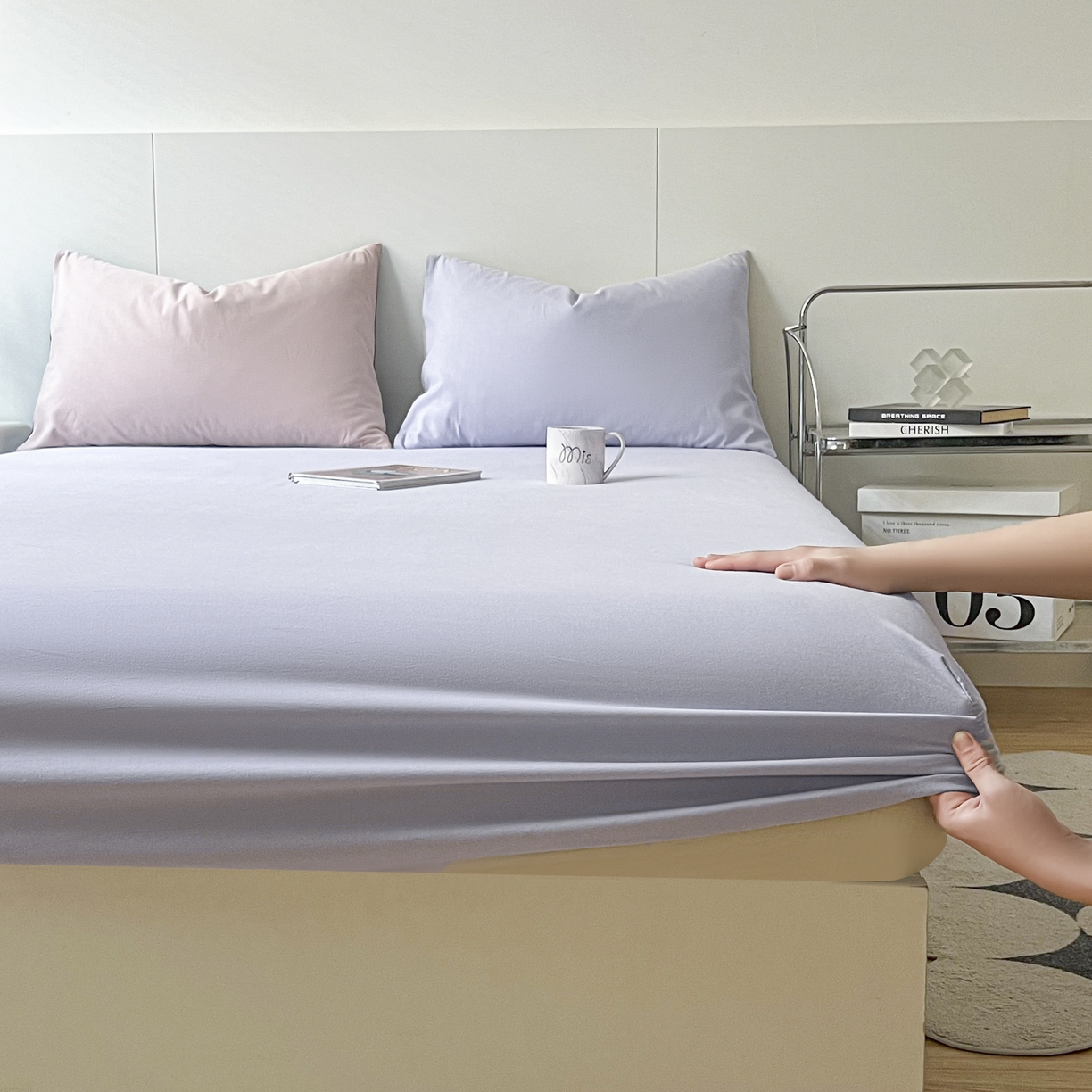 91家纺网 家纺一手货源 找家纺 米粒家纺 2024新款纯色磨毛床笠 紫雾