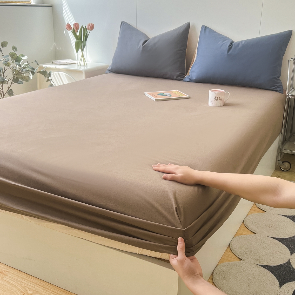 91家纺网 家纺一手货源 找家纺 米粒家纺 2024新款纯色磨毛床笠 奶咖