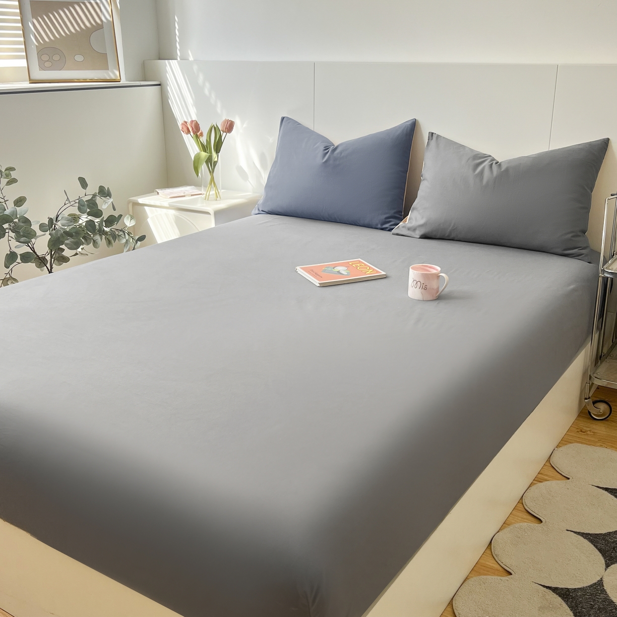 91家纺网 家纺一手货源 找家纺 米粒家纺 2024新款纯色磨毛床笠 岩石灰