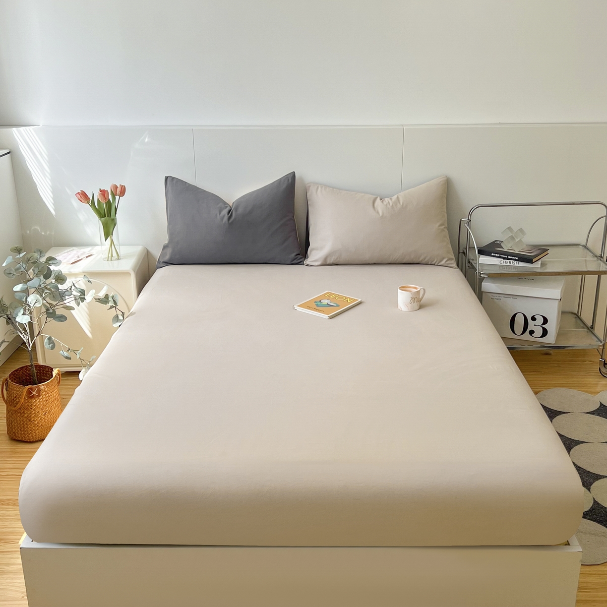 91家纺网 家纺一手货源 找家纺 米粒家纺 2024新款纯色磨毛床笠 大麦灰