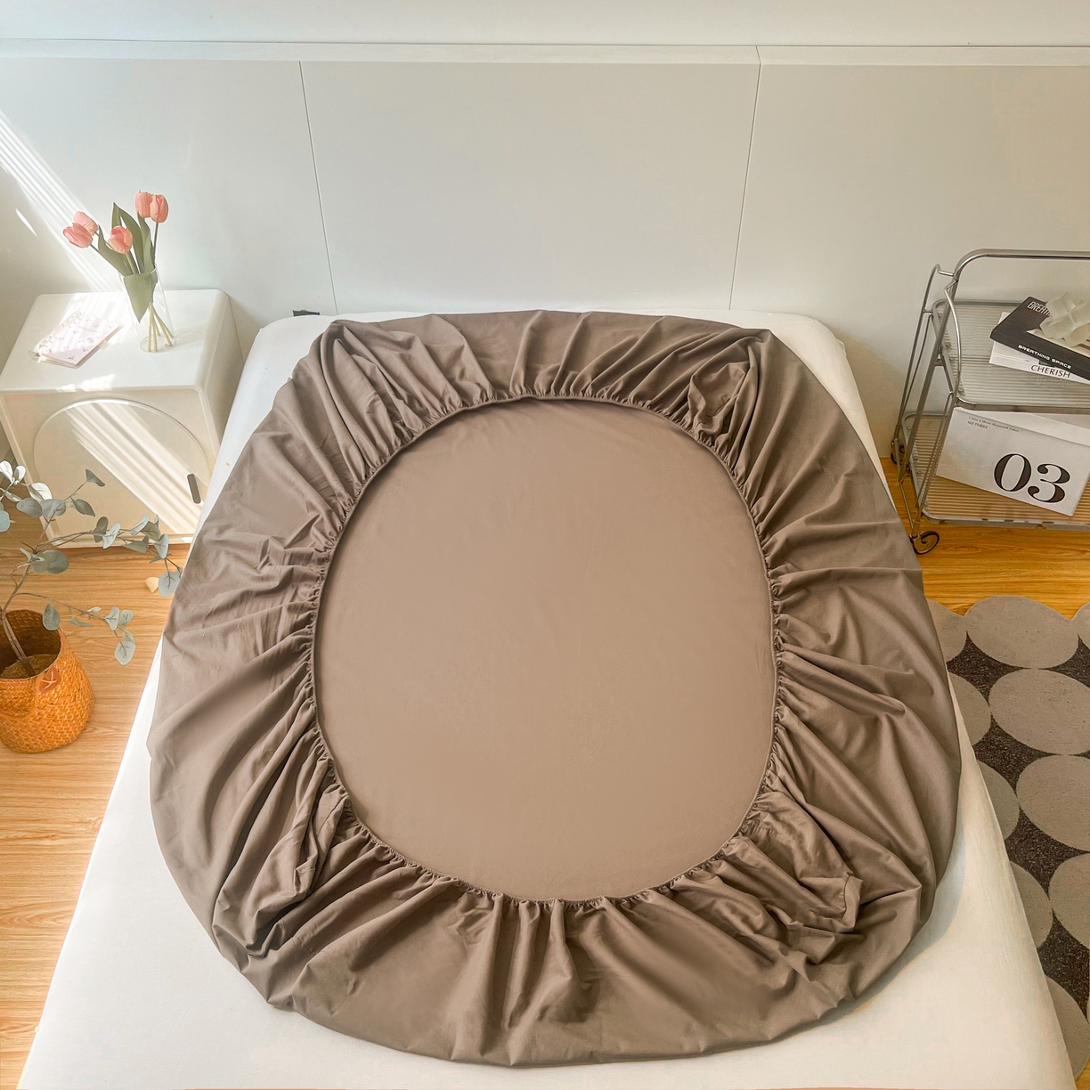 91家纺网 家纺一手货源 找家纺 米粒家纺 2024新款纯色磨毛床笠 奶咖