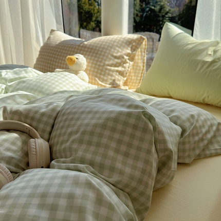 91家纺网 家纺一手货源 找家纺 （总）阿曼达 2024新品韩系ins博主奶油风少女心格子纯色混搭简约软糯糯水洗m四件套