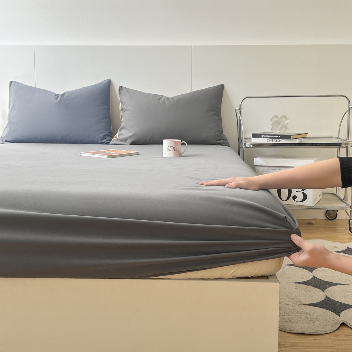 91家纺网 家纺一手货源 找家纺 米粒家纺 2024新款纯色磨毛床笠 岩石灰