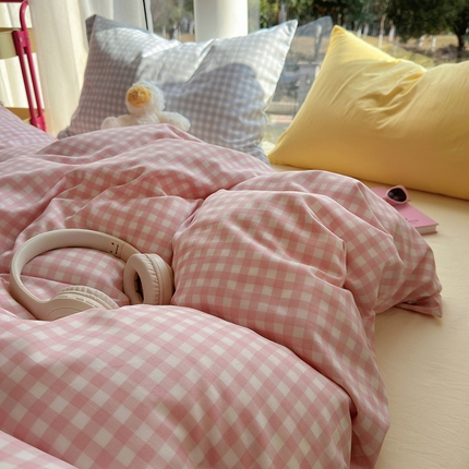 91家纺网 家纺一手货源 找家纺 （总）阿曼达 2024新品韩系ins博主奶油风少女心格子纯色混搭简约软糯糯水洗m四件套