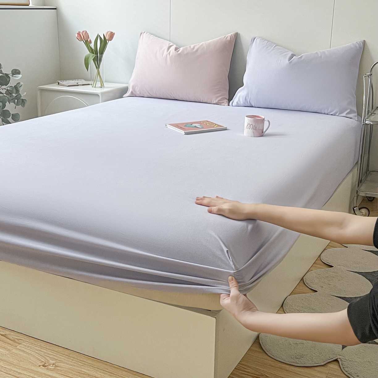 91家纺网 家纺一手货源 找家纺 米粒家纺 2024新款纯色磨毛床笠 紫雾