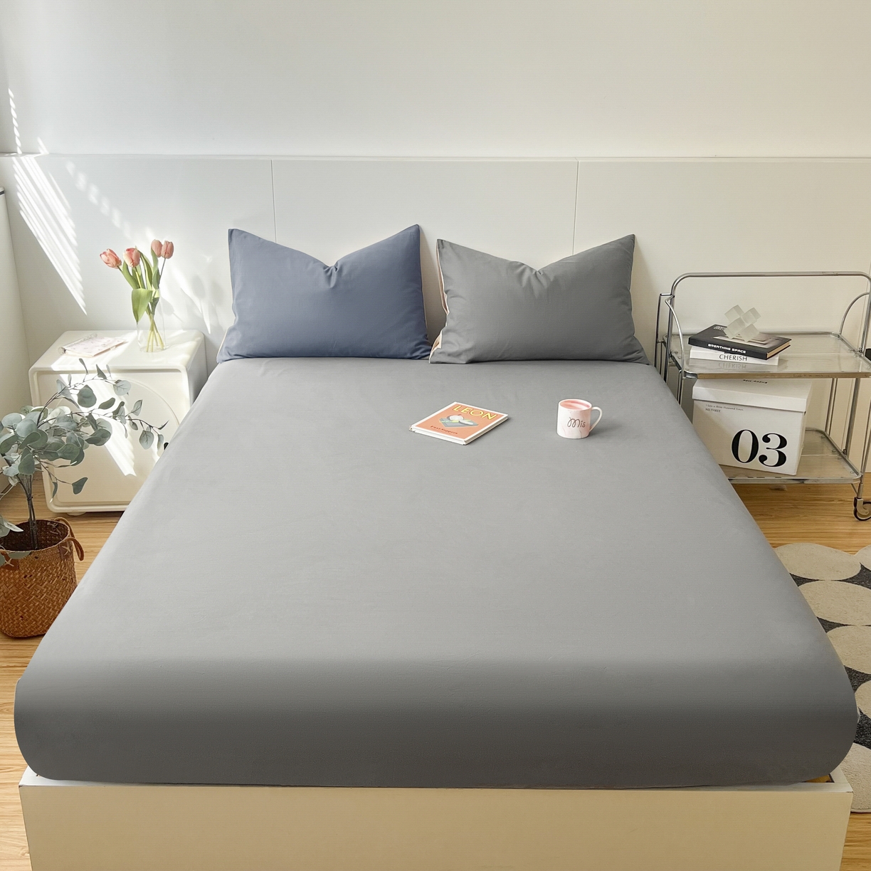 91家纺网 家纺一手货源 找家纺 米粒家纺 2024新款纯色磨毛床笠 岩石灰