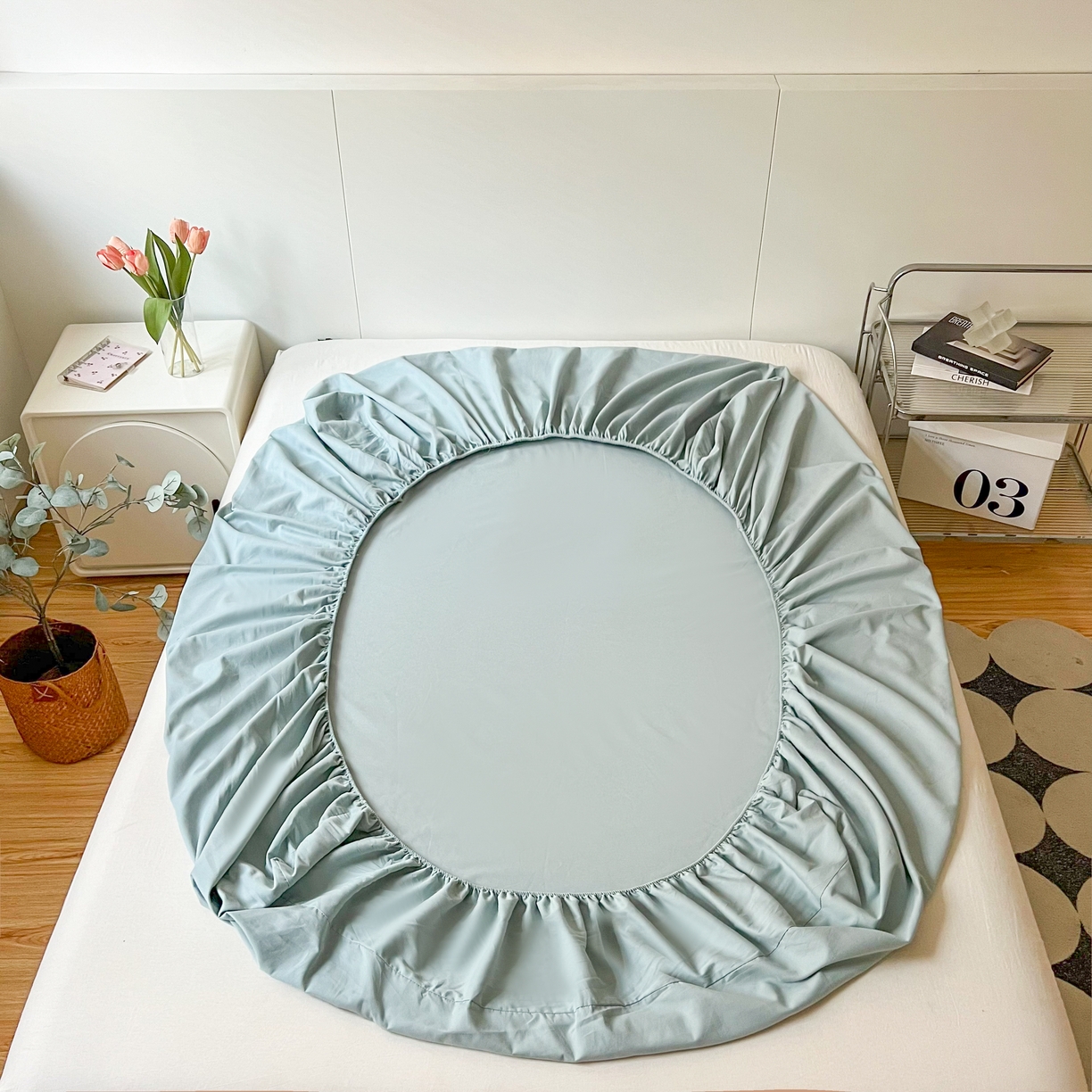 91家纺网 家纺一手货源 找家纺 米粒家纺 2024新款纯色磨毛床笠 天蓝