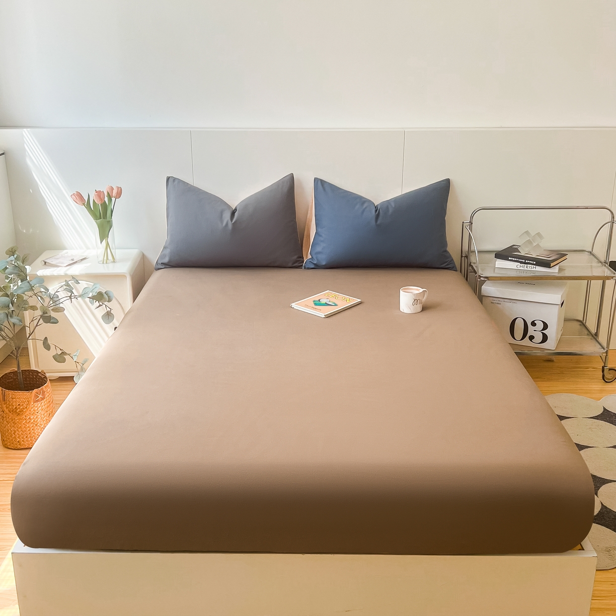 91家纺网 家纺一手货源 找家纺 米粒家纺 2024新款纯色磨毛床笠 奶咖