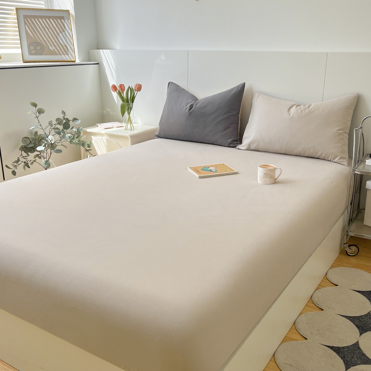 91家纺网 家纺一手货源 找家纺 米粒家纺 2024新款纯色磨毛床笠 大麦灰