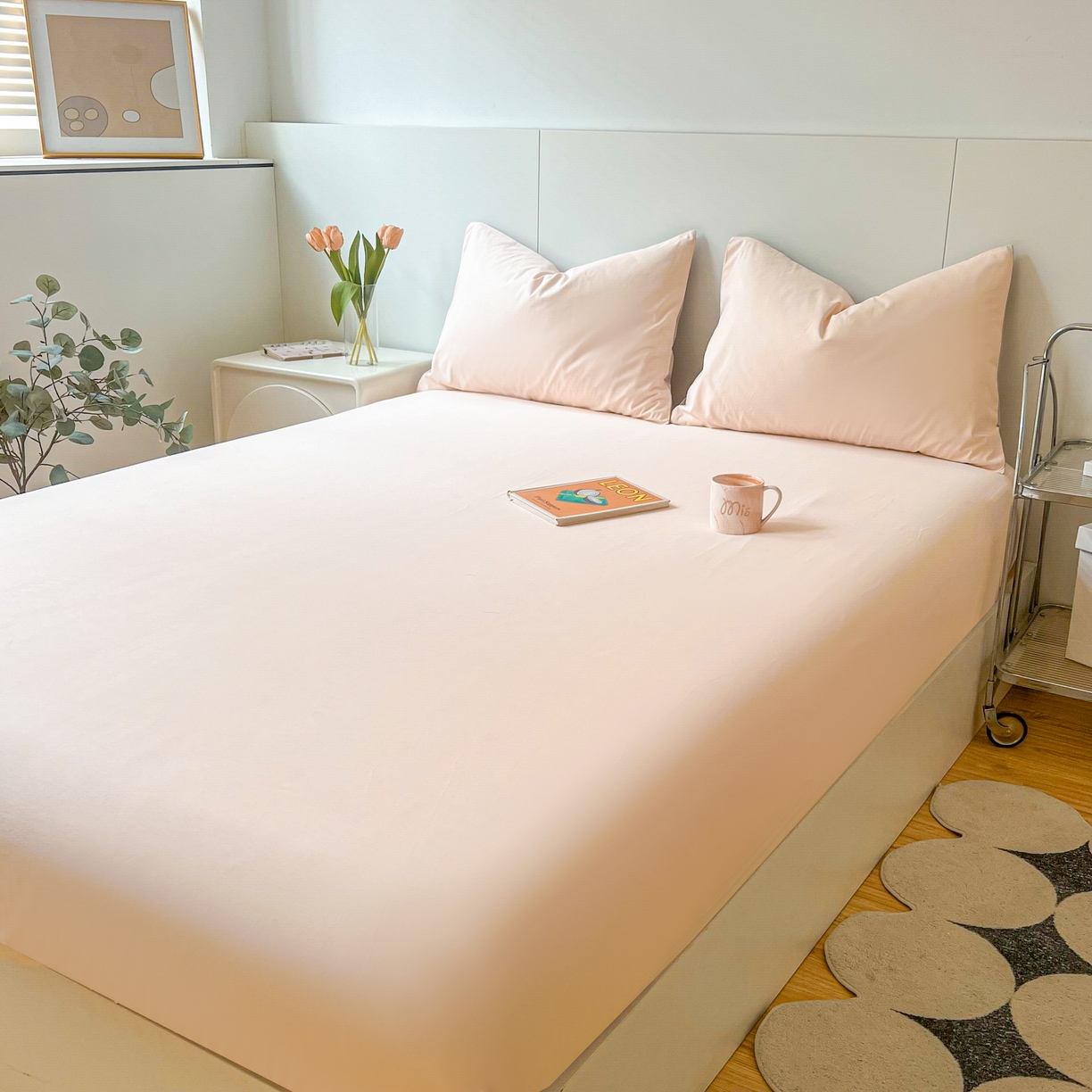 91家纺网 家纺一手货源 找家纺 米粒家纺 2024新款纯色磨毛床笠 粉雨