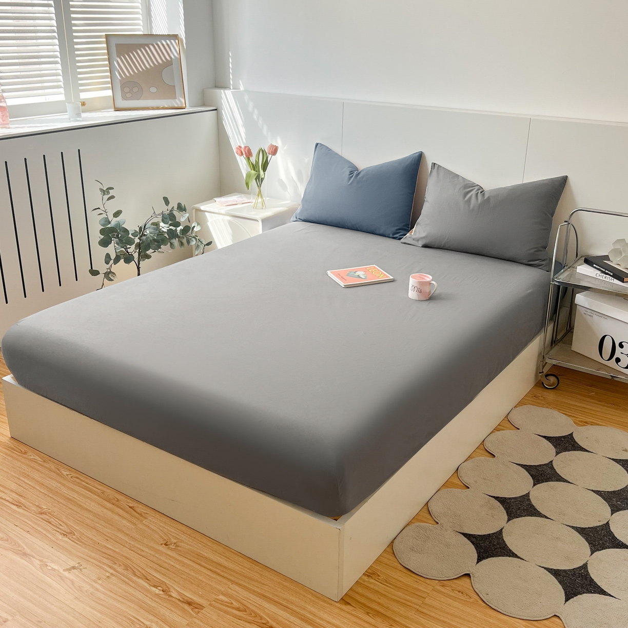 91家纺网 家纺一手货源 找家纺 米粒家纺 2024新款纯色磨毛床笠 岩石灰