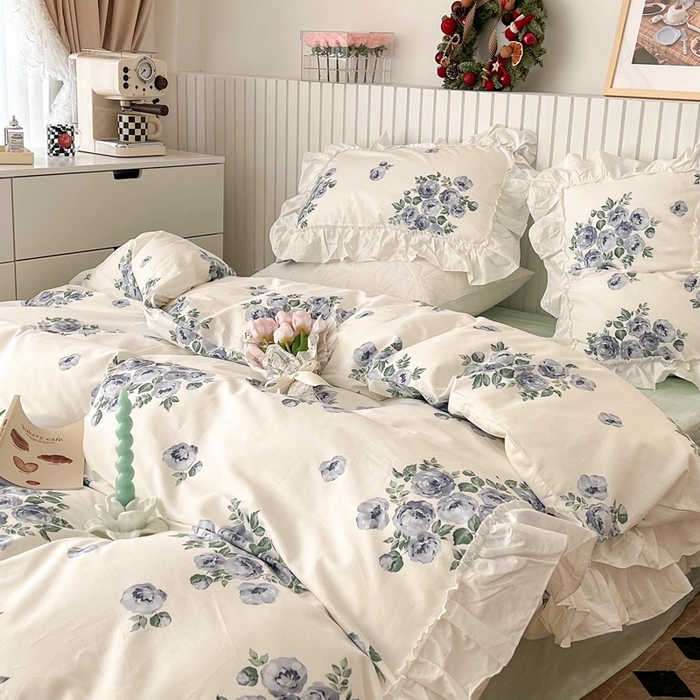 91家纺网 家纺一手货源 找家纺 昔可家纺 2024新款全棉白花边复古花系列四件套 法式蓝玫瑰