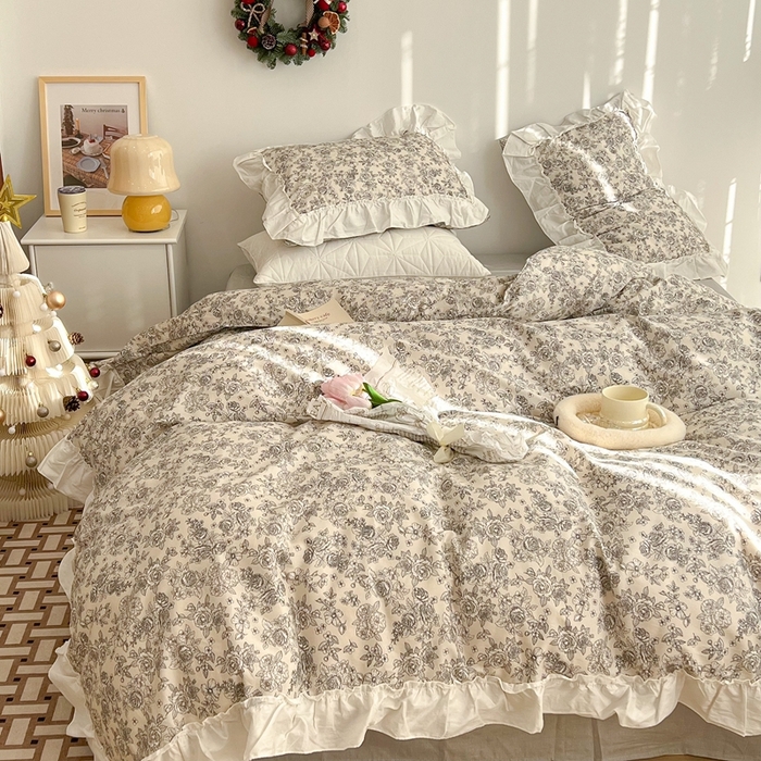 91家纺网 家纺一手货源 找家纺 昔可家纺 2024新款全棉白花边复古花系列四件套 莫里斯花房