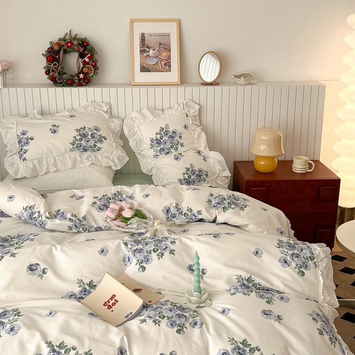91家纺网 家纺一手货源 找家纺 昔可家纺 2024新款全棉白花边复古花系列四件套 法式蓝玫瑰