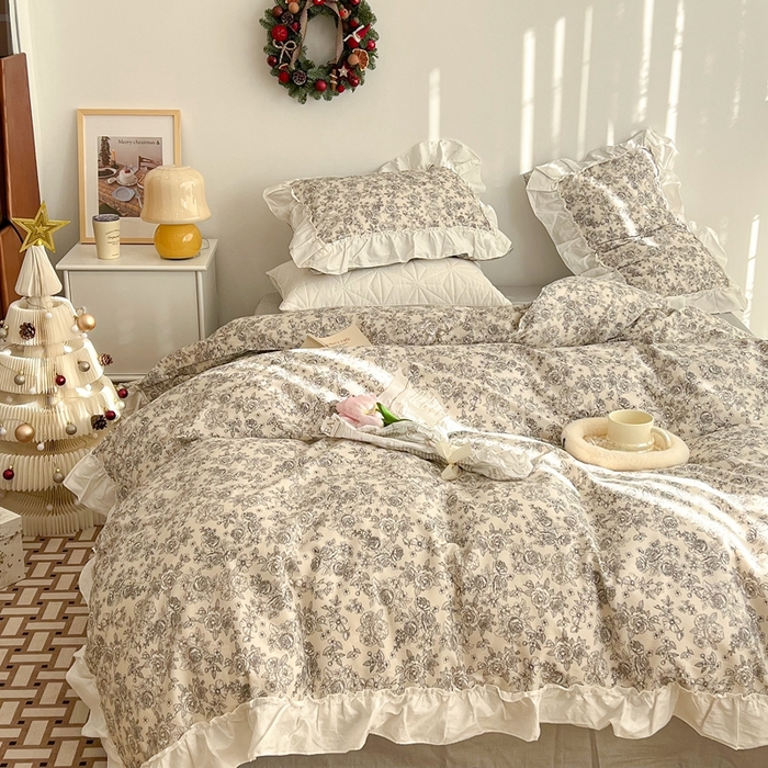 91家纺网 家纺一手货源 找家纺 昔可家纺 2024新款全棉白花边复古花系列四件套 莫里斯花房