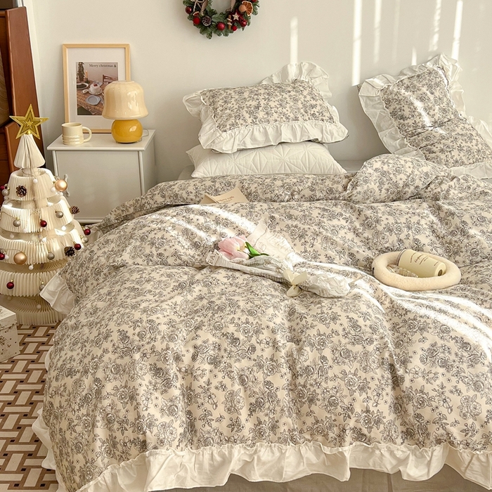 91家纺网 家纺一手货源 找家纺 昔可家纺 2024新款全棉白花边复古花系列四件套 莫里斯花房