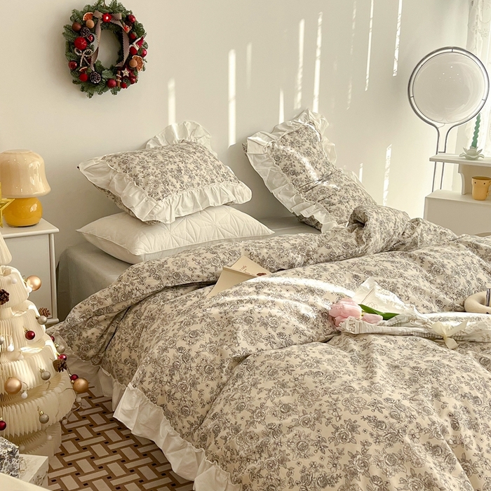 91家纺网 家纺一手货源 找家纺 昔可家纺 2024新款全棉白花边复古花系列四件套 莫里斯花房