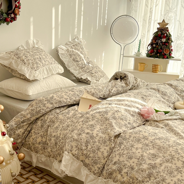 91家纺网 家纺一手货源 找家纺 昔可家纺 2024新款全棉白花边复古花系列四件套 莫里斯花房