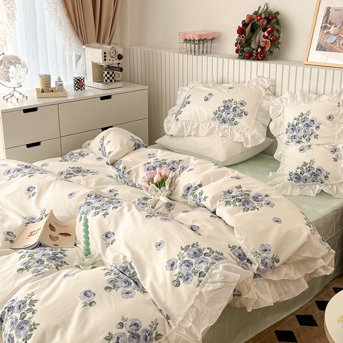 91家纺网 家纺一手货源 找家纺 昔可家纺 2024新款全棉白花边复古花系列四件套 法式蓝玫瑰