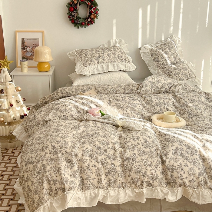 91家纺网 家纺一手货源 找家纺 昔可家纺 2024新款全棉白花边复古花系列四件套 莫里斯花房